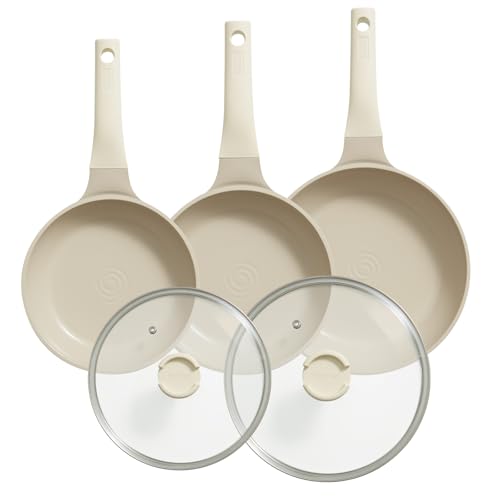 Redchef 5-teiliges Pfannenset Bratpfannen Induktion, Antihaft Keramik Pfannen Set, Pfannen 20/24/28 cm, 24/28cm Mit Deckel für alle Herdarten, PTFE-frei PFAS-frei PFOA-frei, Spülmaschinenfest Beige