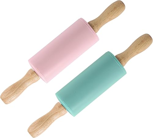 XRVRILE Lot de 2 rouleaux à pâtisserie en silicone avec manche en bois - 23 x 4,2 cm - Surface anti-adhésive - Pour enfants, gâteaux, pizzas, fondants,...