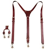 LADUDI Vintage Fashion Red Leather Suspenders For Men Y-Back 3/4 Heavy Duty Hook and Loop Adjustable Mens Braces GZ-11