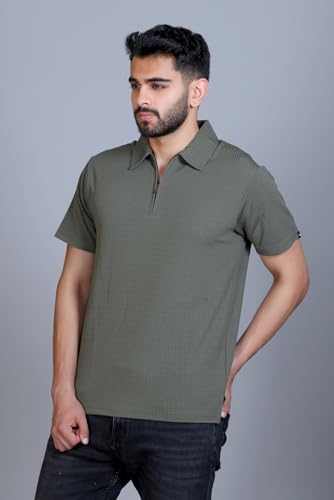 Image of AMOLDO Men's Textured Solid Polo T-Shirt with Zipper