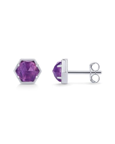 PAVOI Rhodium Plated Hexagon Amethyst Gemstone Stud Earrings for Women