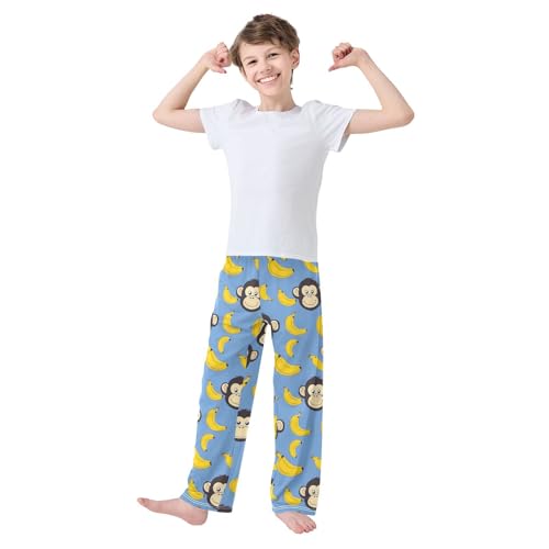 Pajama Bottoms, Monkeys and Bananas on Blue Pajamas Pant Lounge Wear Sleep Long Pants Casual Sleepwear Pjs2