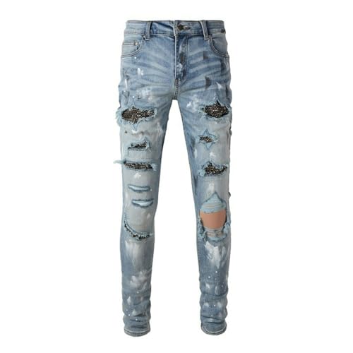 Jeans Pants Trousers Denim with Zircon Sequins Street Trendy Worn Holes Perforated Rough Edges Spray Painted Elastic Tight Fitting Small Leg for Men(Blue,31)2