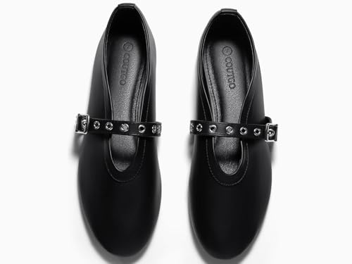 Image of Coutgo Womens Mesh Ballet Flats Mary Jane Fishnet Ballerina Buckle Strap Comfortable Causal Dress Shoes