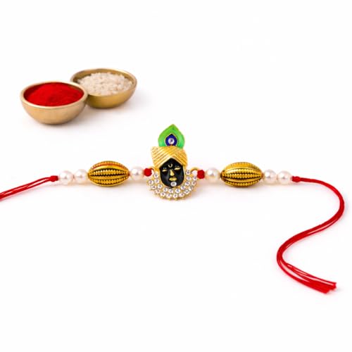 Image of JAIPUR ACE Elegant Designer Rakhi for Brother with Premium Beads and Traditional Motif, Raksha Bandhan Gift Set with Roli Chawal and Card,Stylish Festive Rakhi for Men and Boys (Krishna Rakhi)