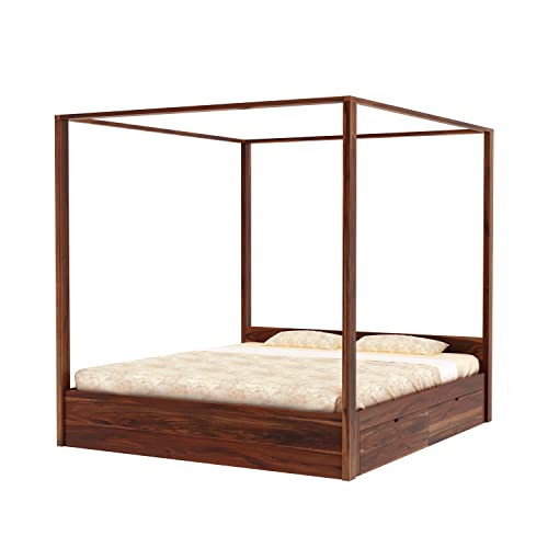 Image of WOODLAB Furniture Sheesham Wood King Size Poster Bed with 4 Side Pullout Drawer Storage | Wooden Double Size Cot Palang for Bedroom Living Room Home and Hotel (Honey Finish)