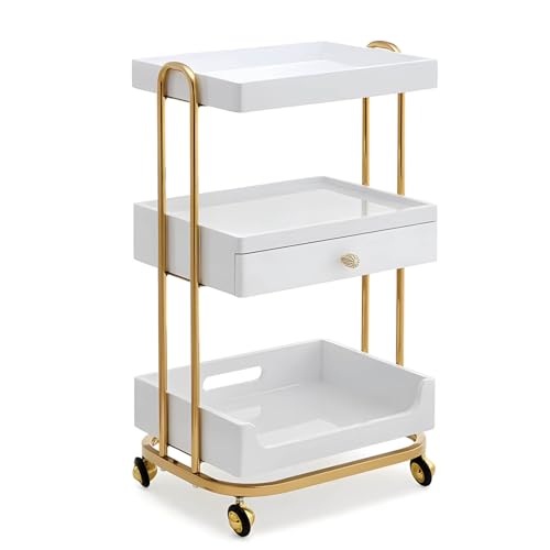Carrito rodante de metal de 3 niveles con cajón, carrito móvil para cocina, baño, oficina, carrito de servicio multifuncional con ruedas (20 x 15 x 34 pulgadas)