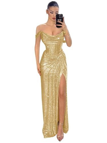 Mmufk Glitter Off The Shoulder Gold Prom Dresses Long for Women Sequin Mermaid Corset Ruched Formal...