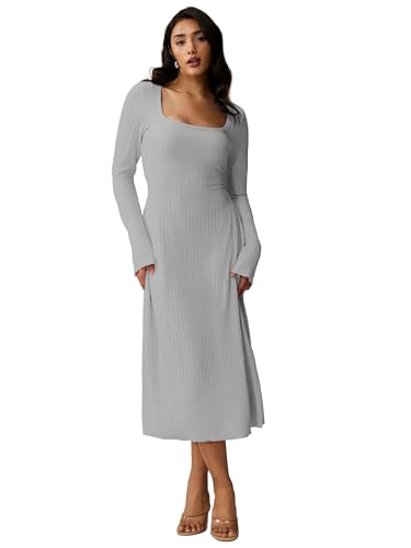 Image of Shasmi Women's Square Neck A-Line Dress - Long Sleeve, Tie Waist, Knitted Stretchable, Casual & Office Outfit, Solid Winter Midi Dress for Women (Dress 221)