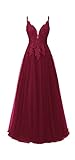HUINI Ballkleid Damen Lang Elegant Abendkleid Hochzeit Brautjungfernkleid Cocktailkleider Tüll Glitzer Promkleider V-Ausschnitt Burgund 38