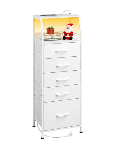 Best Tall Nightstand for Dorm Bed with Charging Station and LED Light 6 WLIVE LED Nightstand with Charging Station, White Dresser with 5 Fabric Drawers for Bedroom, Tall Night Stand with Open Shelves, Bed Side Tables Living Room