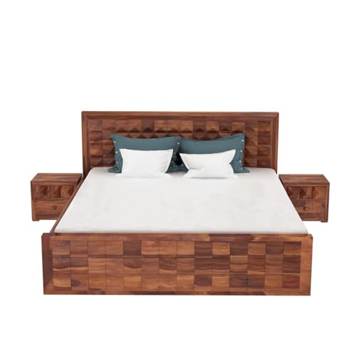 Image of Sheesham Wood King Size Bed Without Storage | Wooden Bed King Size Double Cot Palang Bed for Bedroom | Diamond Design Headboard Bed for Living Room | Honey Finish