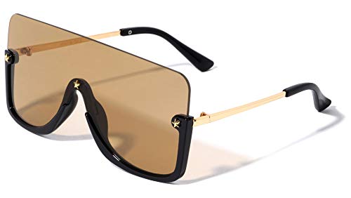 Star Stud Semi Rimless Flat Top One piece Shield Lens Rectangular Sunglasses