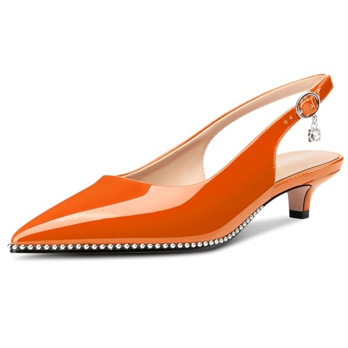 Image of TNYNFBEB Womens Low Kitten Heel Close Pointed Toe Pumps Slingback Silver Beaded Buckle Prom Party Dress Patent Leather 1.4 Inches Heels