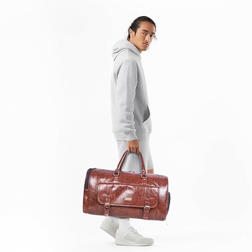 Image of Faux Leather Travel Duffle Bag 40L | Gym & Weekend Travel Bag with Shoe Compartment | Water Resistant Large Overnight Bag for Men & Women | Stylish Brown Carry Bag