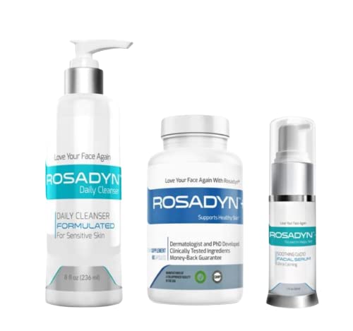 Rosadyn+ Rosacea Skin Care Products, Set of 3| Redness Relief Supplement, Cream Cleanser and Rejuvenating CoQ10 Face Serum