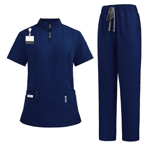 niaahinn Scrub for Women Set- Collar Neck Scrub Top & Yogga Waistband Cargo Pants 4-Way Stretch Scrub Set (Navy,XL)