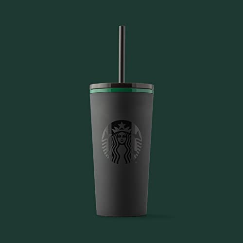 STARBUCKS Tumbler Cold Cup with Straw, Matte Black with Green Rim, 12 fl oz