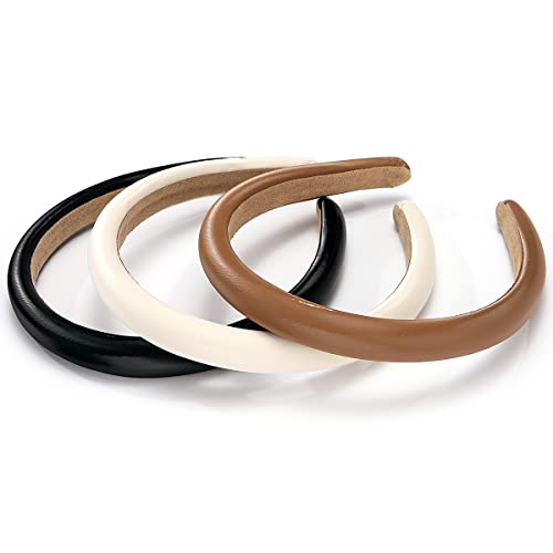 Bomtty 3 Pcs Padded Headbands For Women, Solid Color Leather Headbands, Fashion Headwear, Girls Women Hair Accessories (Black + White + Brown) #TOP1