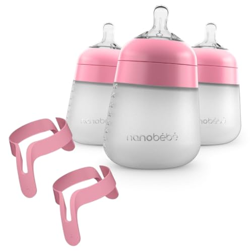 Image of Nanobebe Silicone Baby Bottles 9oz 3pk Pink Bundled with Bottle Handles 2-Pack, Pink