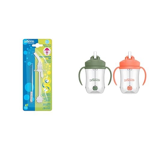 Dr. Brown's Baby's First Straw Cup Replacement Kit One and Cleaning Brush, BPA & Milestones, Sippy Straw, 6m+, 9oz/270ml, 2 Pack, Coral