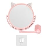 Gucagle Specchio per il trucco Montaggio a parete Specchio cosmetico Immagine chiara Forma di gatto Angolo regolabile Impermeabile Facile da installare Rosa chiaro Diametro 16,5 cm per