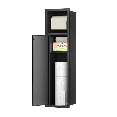 Bernkot Unterputz Toilettenpapierhalter Edelstahl für die Klobürstengarnitur, Badezimmerschrank mit Toilettenpapierhalter, mit Schranktüren, 63x15x15 cm, Schwarz