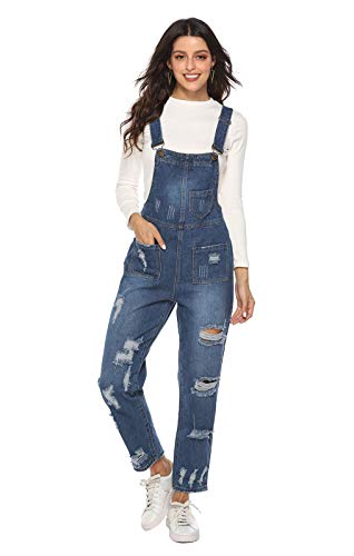 Zukzi Women's Ripped Boyfriend Fit Denim Bib Overalls, Style 2 Darkblue, X-Large