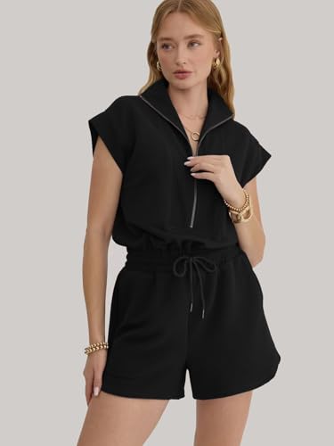 Image of Rompers for Women Summer Short Sleeve Half Zip Lapel Collar Jumpsuit Casual Drawstring One Piece Outfits with Pockets