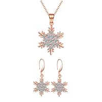 Healvian Collier et Boucles Oreilles Flocon de Zircon Or Rose Ensemble Bijoux Élégant Décoration Noël Femme