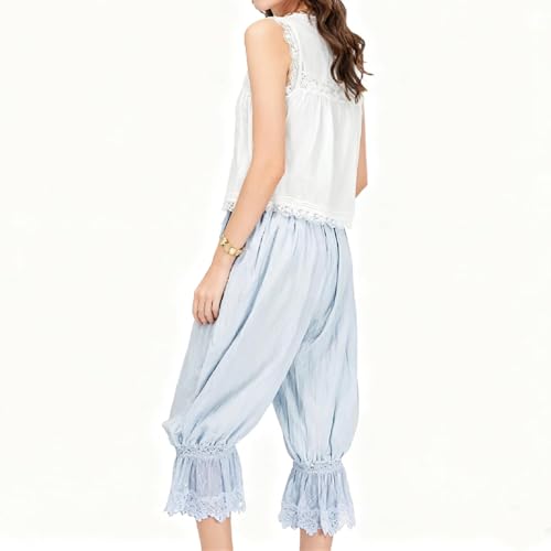 Image of KOSUSANILL Women Long Bloomer Pants Lace Trim Ruffle Pantaloons Cropped Lounge Pajama Bottoms Y2K Capri Pettipants