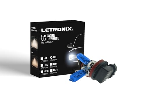 letronix Halogen Auto Lampen H9 12V 8500K Kalt Weiß Xenon Optik Gas Ultra White Look Birnen Lampe Abblendlicht Nebelscheinwerfer Fernlicht Kurvenlicht Zulassung E-Prüfzeichen (LED Optik) (H9 65W)