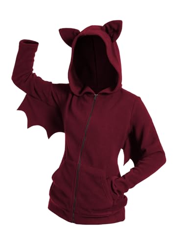 DRESSFO Women’s Halloween Hoodie Costume – Zip-Up Hooded Jacket with Cat Ears and Mini Bat Wing Detail (Deep Red/1X)