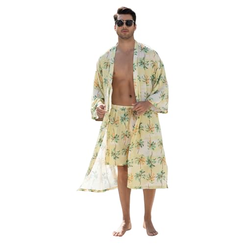 UMIMAN Men's lightweight robe 2 Piece Japanese Kimono Robe and Shorts Set Casual Belted Open Front Long Robe