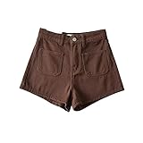 OULIWANGLUO Damen Taschen Elastische Denim Shorts Hohe Taille Slim Denim Kurze Hose Sommer Lässige Bequeme Kurze Jeans für Frauen (Braun,L)
