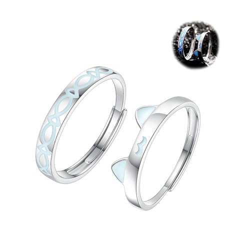 Bagues de couple chat et poisson lumineuses argent s925 pour homme femme