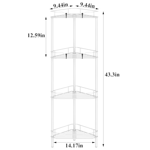 Image of HuggieGems 4 Tier Floor Standing Corner Shower Caddy Organizer Shelf with Hooks, Bathroom Shelves Stand Rack, White