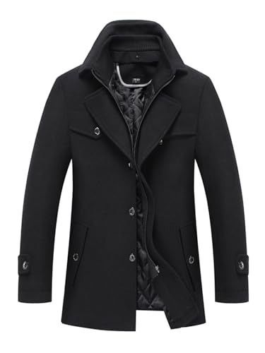 Image of INVACHI Men's Wool Blend Coat Warm Winter Trench Coat with Detachable Soft Scarf Single Breasted Pea Coat
