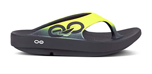Image of OOFOS Unisex Ooriginal Sport Thong Flip Flop, Black/Yellow, 16 B(M) US Women / 14 D(M) US Men
