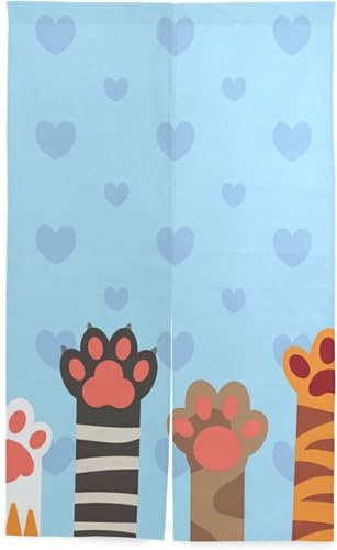 のれん 猫 足跡 可愛い かわいい 青い 暖簾 カーテン おしゃれ 間仕切り 遮光 目隠し ロング 断熱 つっぱり棒 突っ張り棒 伸縮棒付き 86*143cm インテリア 喫茶店 居酒屋 飾り付け 装飾 34x56inch