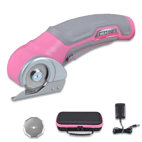 Wild Edge Cordless Electric Scissors for Women, 4V 2.5Ah High-Capacity Battery Pink Fabric Cutter, Electric Box Cutter for Cardboard, Leather, Carpet with Rapid Charger & Carrying Case