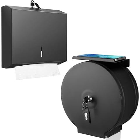 Paper Towel Dispenser Wall Mount Commercial Matte Black, Commercial Jumbo Toilet Paper Dispenser with Shelf Cover