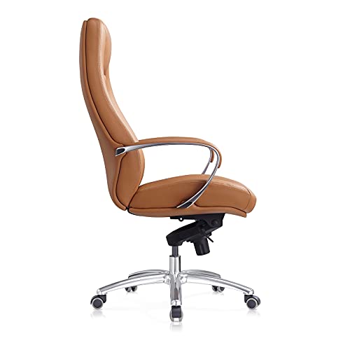Genuine Leather Office Chair With High Back Aluminum Swivel Base Ergonomic Synchro-Tilt Reclining Mechanism Real Leather Executive Chair-Brown #TOP7