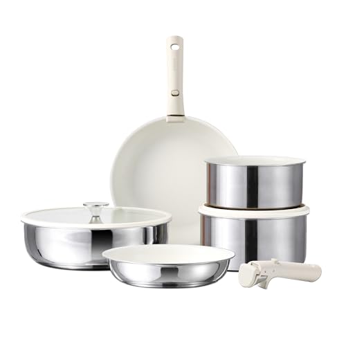 CAROTE 9 Piezas Juego Sartenes y Ollas Acero Inoxidable, Cerámica Sartenes Antiadherentes 22/26cm, Cazos 18/20cm, Wok 26cm, Bateria de Cocina Inducción, Mango Extraíble, Horno Seguro