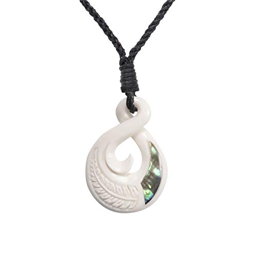81stgeneration Women's Men's Hand Carved Bone Maori Pikorua Twist Koru Paua Shell Pendant Necklace