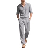 Oanviso Hombre 2 Piezas de Algodón y Lino Mangas Larga Camisa Moda Camiseta + Pantalones de Playa Hombres Deportivos Pantalón Completo Casual Traje Conjuntos Primavera Verano A Gris XL