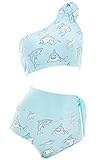haikyuu Women Kawaii One Shoulder Two Piece Swimsuit Bathing Suit Bikini Set Swimwear Shark Butterfly Print Blue Purple Pink (Large, 50 Blue Shark)
