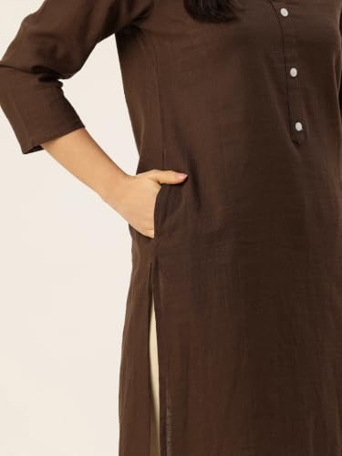 Image of feranoid Women's Plain Cotton Kurta with Mandarin Collar, 3 /4 Sleeves & Pocket