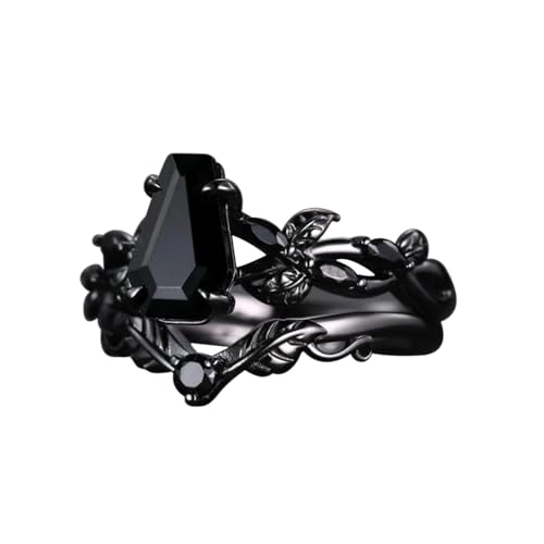 Customized Natural Black Onyx Engagement Ring Set for Women, 925 Silver/10K 14K 18K Gold Vintage Art Deco Leaf Bridal Wedding Ring Set Black Gold Gemstone Rings Jewelry Gifts for Her3