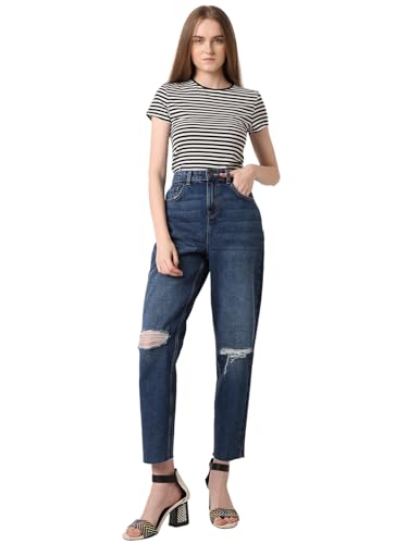 Image of VERO Moda Women's Mom Fit High Rise Distressed Jeans